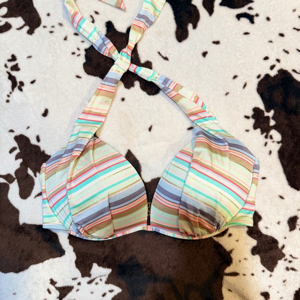 Victoria's Secret Bikini Top Womens 34DD Multi Striped Gold Metallic Beachy Boho